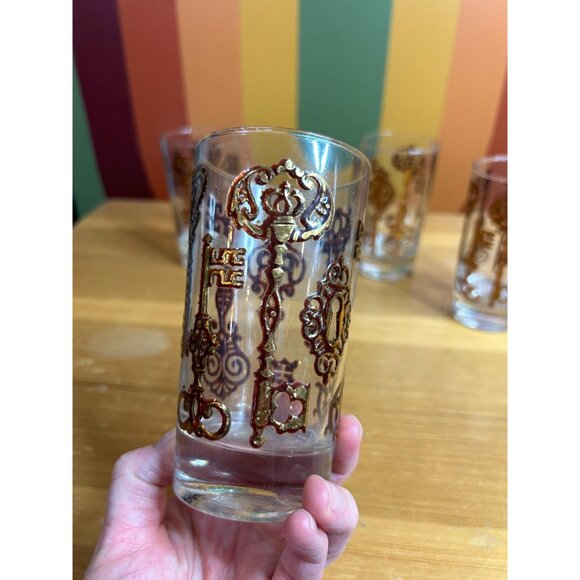 Vintage libbey gold skeleton key barware drinking highball glasses cups - Picture 4 of 6